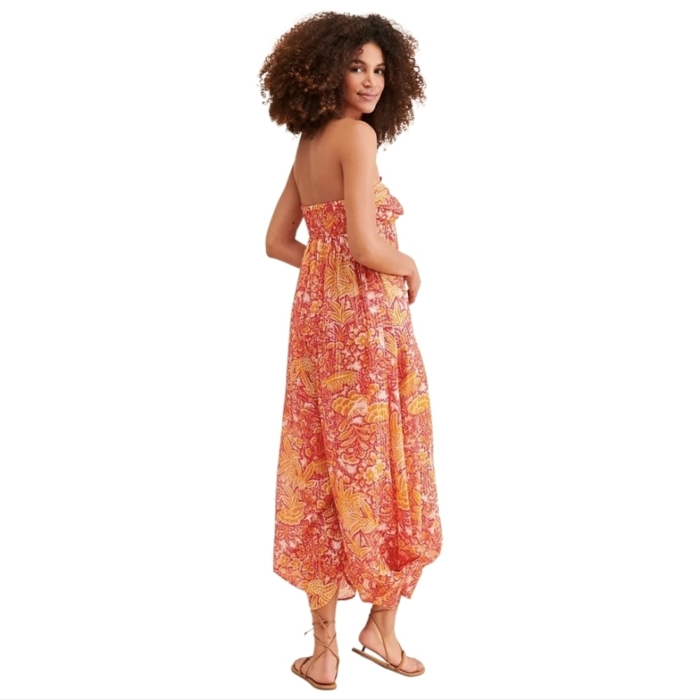 Anthropologie Harem Boho Strapless Orange & Red Jumpsuit. Size Medium - Picture 2 of 10